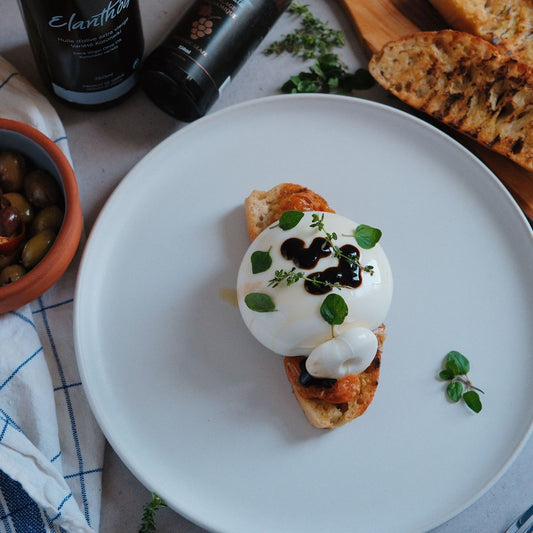 ELANTHÓS Roasted Tomato Bruschetta with Burrata Recipe